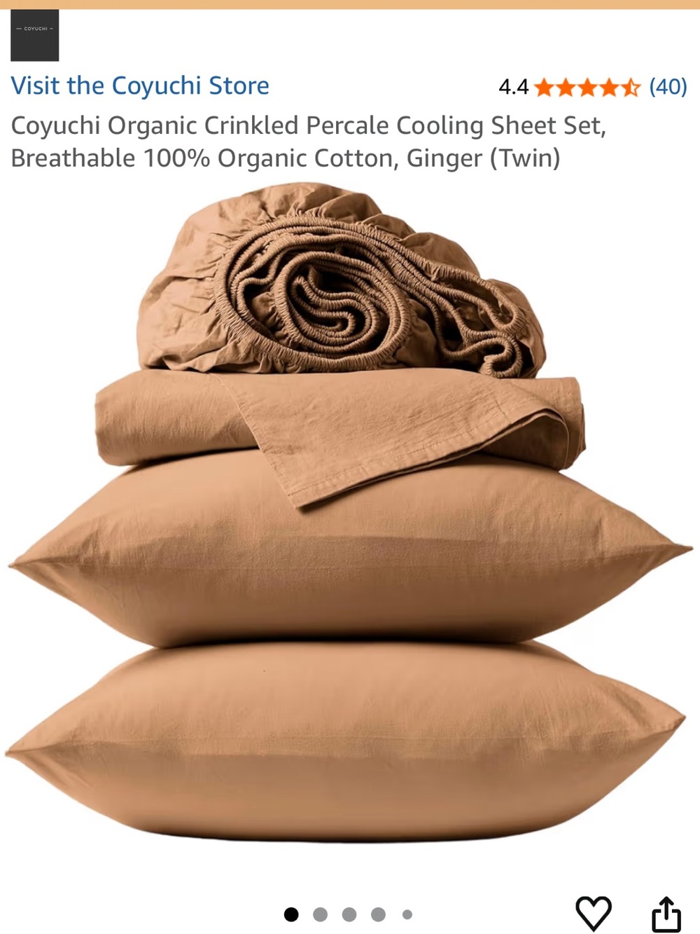 NWT Coyuchi 100% Organic Cotton Crinkled Percale Cooling Sheet Set Ginger (Twin)